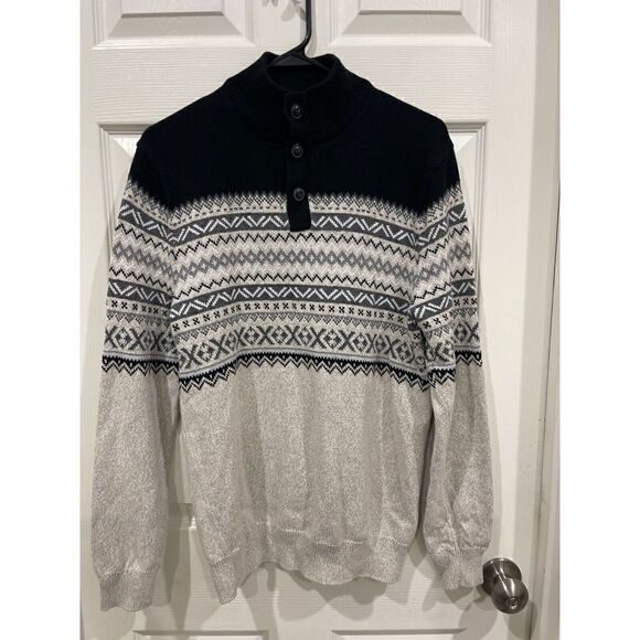 Chaps Sweater Men's Medium Beige Over & Black 3 Button Mock Neck Oatmeal Twist - Picture 1 of 8